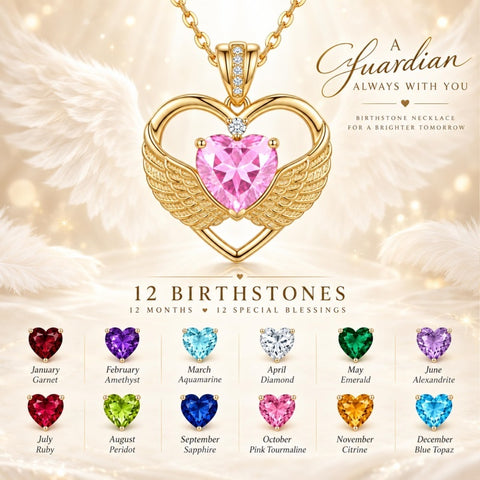 14K Gold Plated 12-Month Birthstone Infinity Angel Wings Pendant Necklace for Women