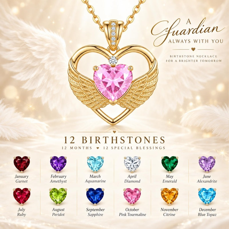 14K Gold Plated 12-Month Birthstone Infinity Angel Wings Pendant Necklace for Women