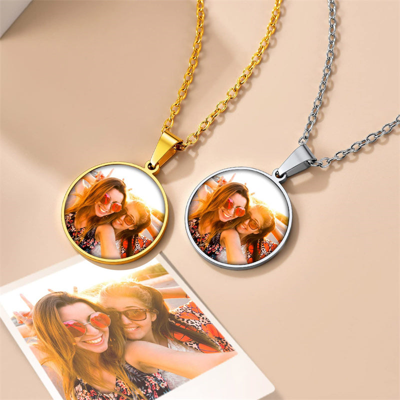 Stainless Steel Round Customized Engraved  Photo Pendant Necklace