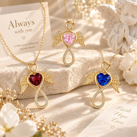 14K Gold Plated 12-Month Birthstone Infinity Angel Wings Pendant Necklace for Women