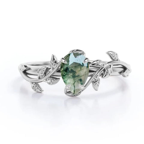 Sterling Silver 10K 14K 18K Gold 1CT Leaf Pear Shaped Natural Moss Agate Engagement Rings