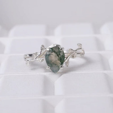 Sterling Silver 10K 14K 18K Gold 1CT Leaf Pear Shaped Natural Moss Agate Engagement Rings