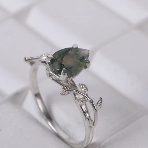 Sterling Silver 10K 14K 18K Gold 1CT Leaf Pear Shaped Natural Moss Agate Engagement Rings