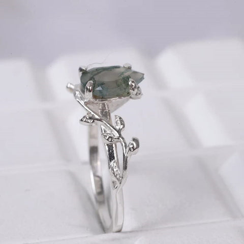 Sterling Silver 10K 14K 18K Gold 1CT Leaf Pear Shaped Natural Moss Agate Engagement Rings