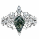 Sterling Silver 10K 14K  18K Gold Personalized Engraved Moss Agate Gothic Promise Wedding Engagement Black Ring Set