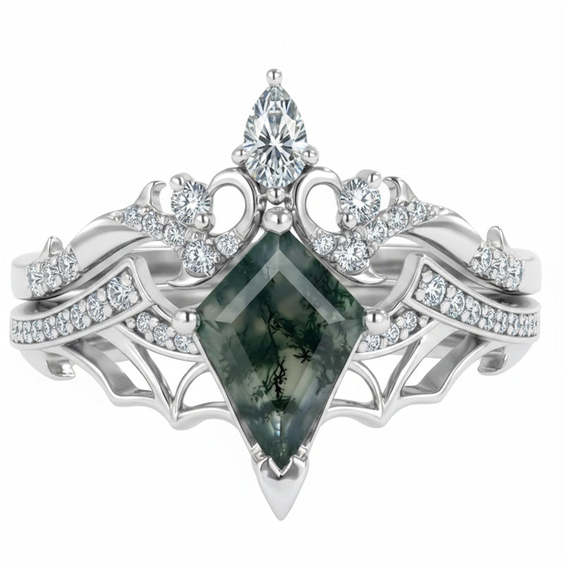 Sterling Silver 10K 14K  18K Gold Personalized Engraved Moss Agate Gothic Promise Wedding Engagement Black Ring Set