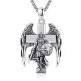 Sterling Silver Archangel Saint Michael& Cross Pendant Necklace for Men