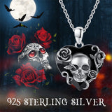 Sterling Silver Heart Crystal Shaped Rose & Skull  Pendant Necklace