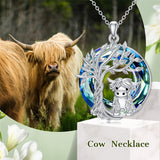 Sterling Silver Circle Crystal Highland Cow  Pendant Necklace