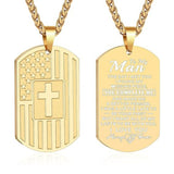 14K Gold Plated American Flag Dog Tag Cross Necklace for Men