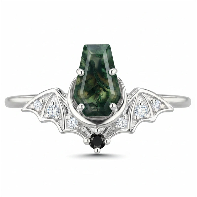 Sterling Silver 10K 14K  18K Gold Personalized Engraved Moss Agate Gothic Promise Wedding Engagement Black Ring Set