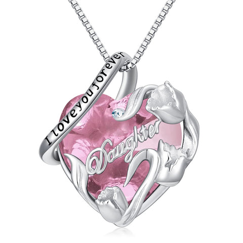 Sterling Silver Crystal Birthstone Daughter Heart Pendant Necklace