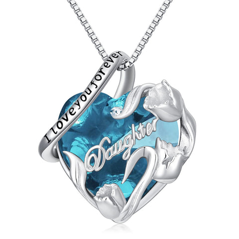 Sterling Silver Crystal Birthstone Daughter Heart Pendant Necklace