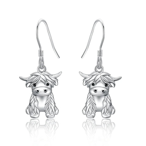 Sterling Silver Highland Cow  Dangle Earrings