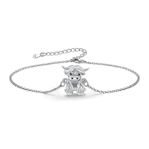 Sterling Silver Birthstone Highland Cow Single Layer Anklet