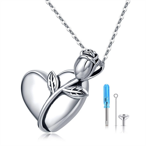 Sterling Silver Rose Heart Urn Necklace for Ashes