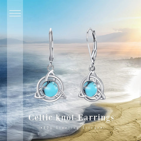 Sterling Silver Moonstone Turquoise Celtic Knot Leverback Earrings