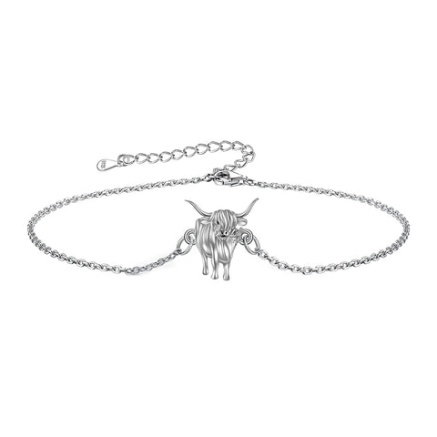 Sterling Silver Birthstone Highland Cow Single Layer Anklet