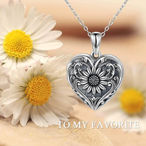 Sterling Silver Heart-shape Sunflower Photo Pendant Necklace