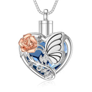 Sterling Silver Blue Heart Crystal Butterfly Urn Necklace for Ashes With Engraved