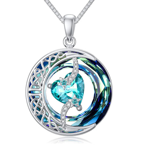 Sterling Silver Crystal Heart Birthstone Moon Star Pendant Necklace