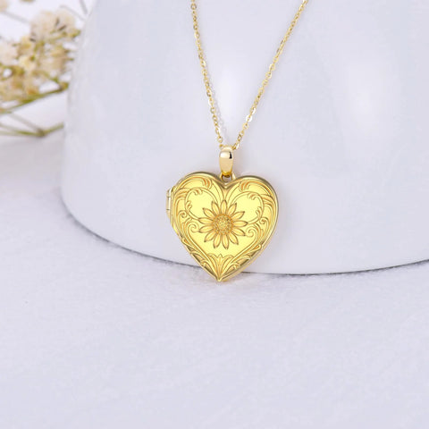 Sterling Silver Heart-shape Sunflower Photo Pendant Necklace