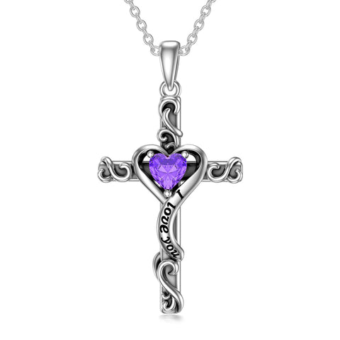 Sterling Silver Birthstone Cross Pendant Necklace Engraved With  Love You