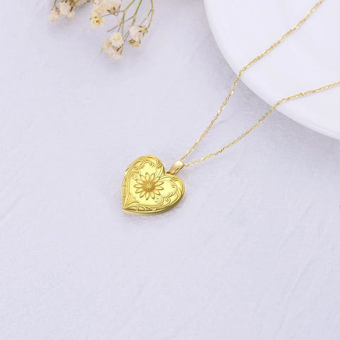 Sterling Silver Heart-shape Sunflower Photo Pendant Necklace