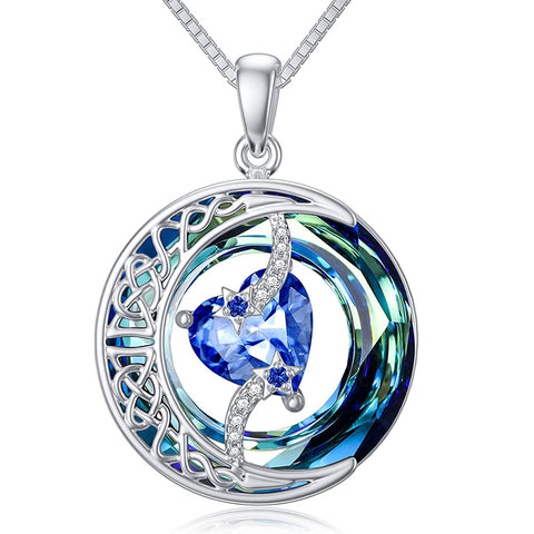 Sterling Silver Crystal Heart Birthstone Moon Star Pendant Necklace