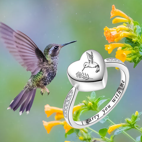 Sterling Silver Hummingbird Heart Urn Ring for Ashes Engraved With I Carry You with Me