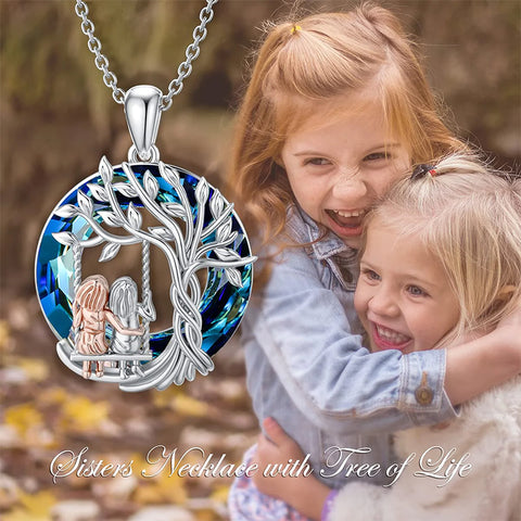 Sterling Silver Crystal Tree of Life 2 Sisters Pendant Necklace