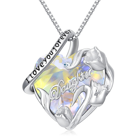 Sterling Silver Crystal Birthstone Daughter Heart Pendant Necklace