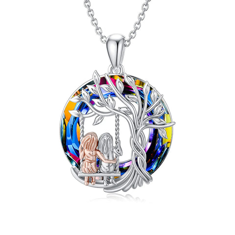 Sterling Silver Crystal Tree of Life 2 Sisters Pendant Necklace