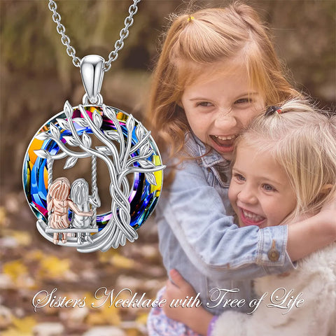 Sterling Silver Crystal Tree of Life 2 Sisters Pendant Necklace