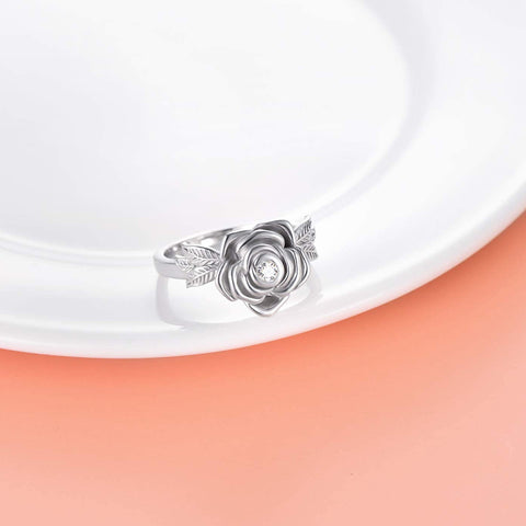 Sterling Silver CZ Rose Flower Cremation Urn Ring Ashes