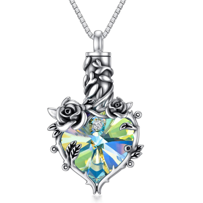 Sterling Silver Heart Crystal Rose Urn Necklace for Ashes
