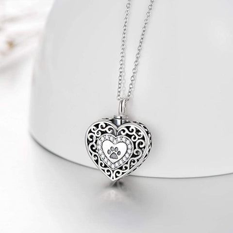 Sterling Silver Pawprint Heart Urn Necklace for Ashes