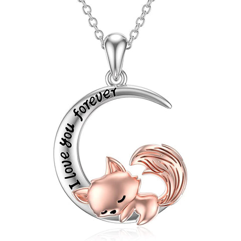 Sterling Silver Fox & Moon Necklace Pendant Necklace