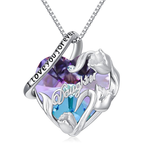 Sterling Silver Crystal Birthstone Daughter Heart Pendant Necklace