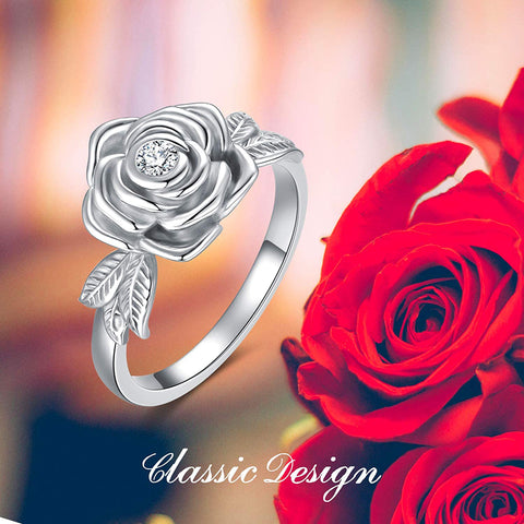 Sterling Silver CZ Rose Flower Cremation Urn Ring Ashes