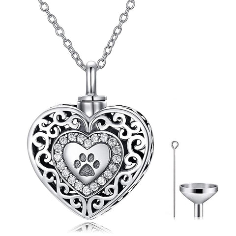 Sterling Silver Pawprint Heart Urn Necklace for Ashes