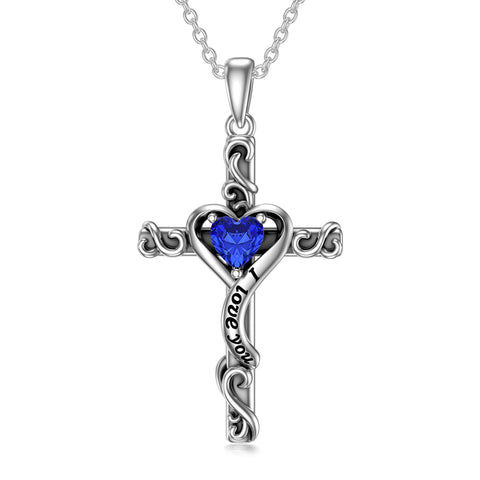 Sterling Silver Birthstone Cross Pendant Necklace Engraved With  Love You