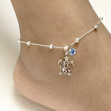 Filigree Turtle /Orca Whale Anklet Bracelet Sterling Silver Beaded Sea Turtle Charm Anklet Bracelet Optional Birthstone