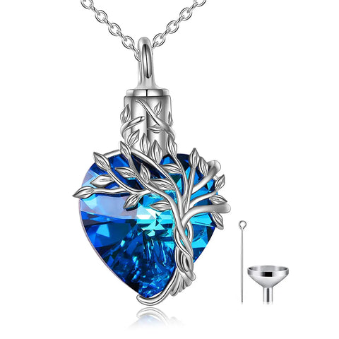 Sterling Silver Crystal Heart Tree of Life Urn Necklace for Ashes