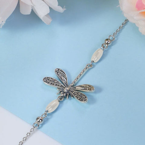 Sterling Silver Pearl Dragonfly Single Layer Anklet