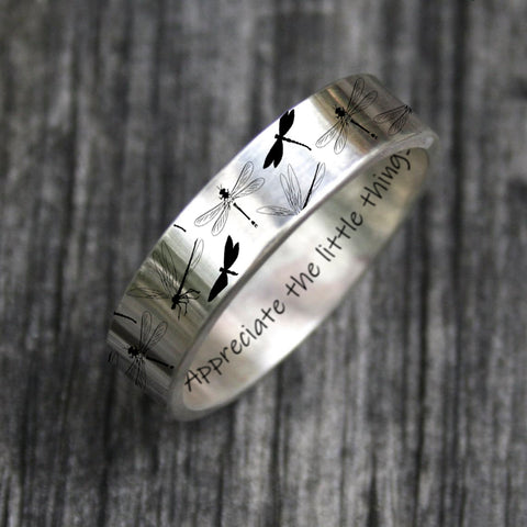 Sterling Silver Dragonfly Animal Ring With Engraved Appreciate The Little Things