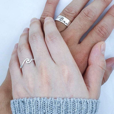 Sterling Silver Wave Promise Matching Couple Rings Set