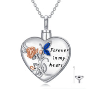 Sterling Silver Heart Rose Butterfly Urn Necklace for Ashes With Engraved