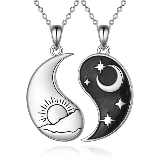 Sun and Moon Yin Yang Couple Magnetic Projection Necklace 925 Sterling  Silver