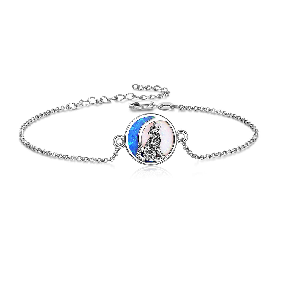 Wolf Anklet Animal Anklet for Women Girls Beach Themed Gifts Sterling Silver Beach Foot Jewelry Wolf Opal Moon Anklet